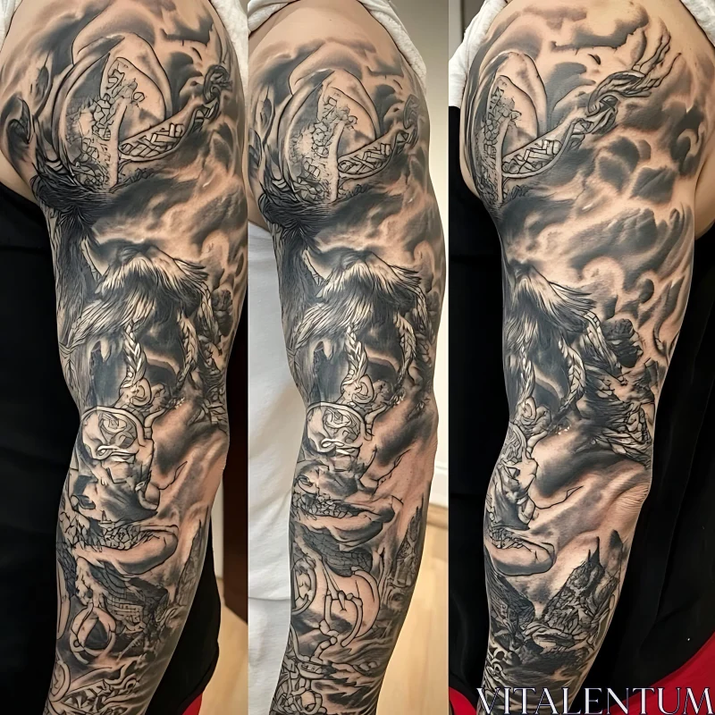 AI ART Monochromatic Tattoo Sleeve with Skulls