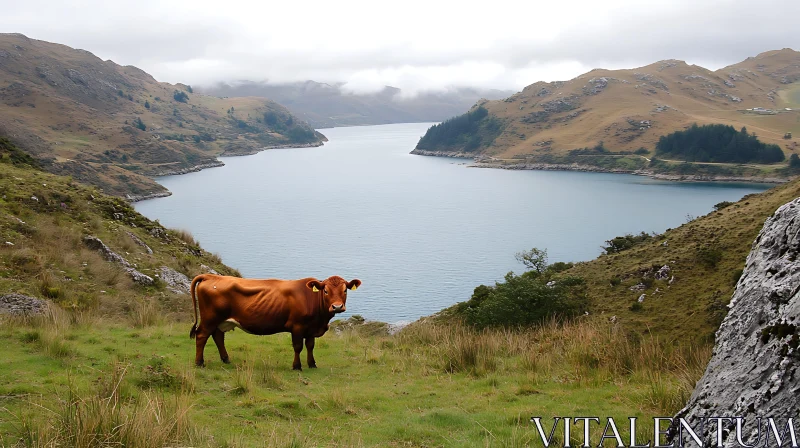 Pastoral Scene with Cow and Lake AI Image