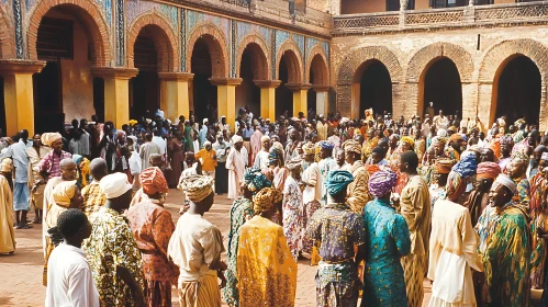 Colorful Crowd in Arched Courtyard