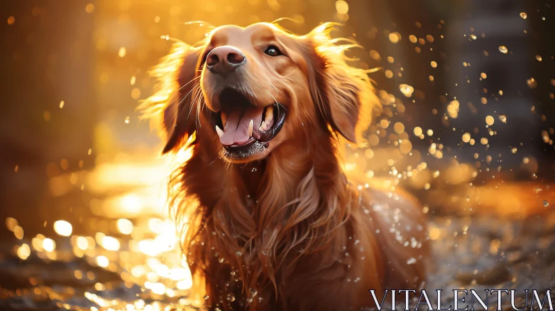 Golden Retriever Splashing in the Water at Sunset AI Image