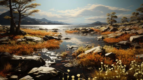 Scenic Autumn Landscape: Grass, Mountains, and Calm Waters