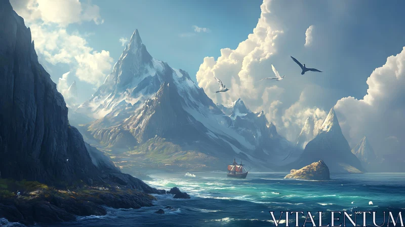 Majestic Seascape with Ship and Birds