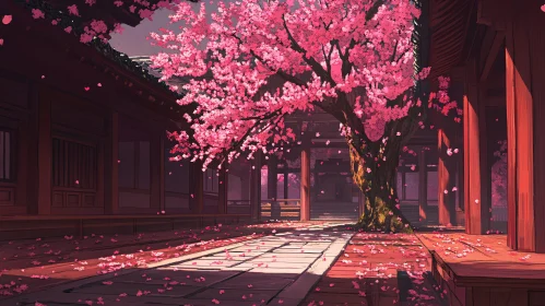 Blossoming Cherry Tree in Ancient Japanese Garden
