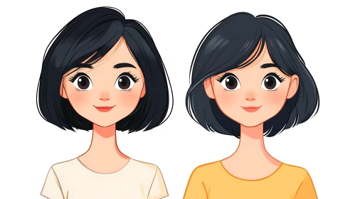 Two Cartoon Women with Short Hair