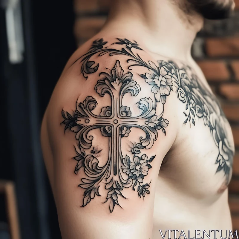 AI ART Ornate Cross and Floral Arm Tattoo