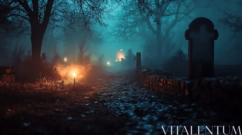 AI ART Foggy Night Cemetery Path with Flickering Lights