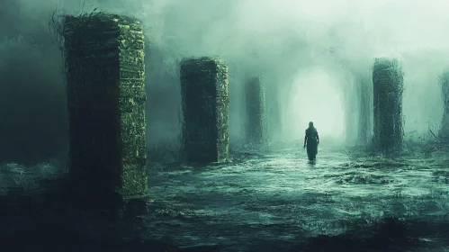 Misty Ruins with Walking Figure