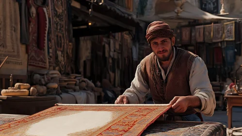 Middle Eastern Carpet Merchant Inspecting Goods