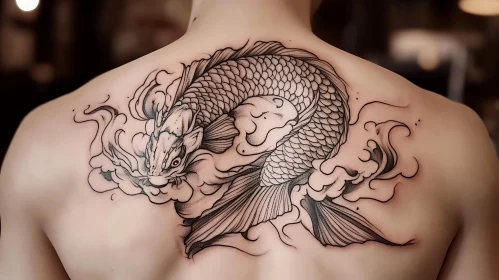 Koi Fish Tattoo on Upper Back in Black Ink