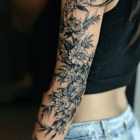 Detailed Black Ink Floral Tattoo on Forearm