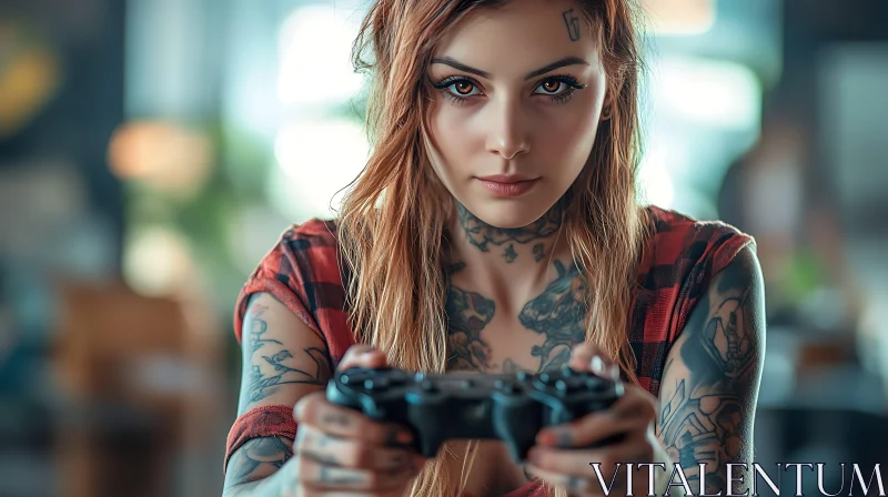 Intense Female Gamer with Tattoos