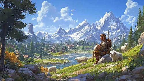Shepherd and Sheep by Mountain Lake