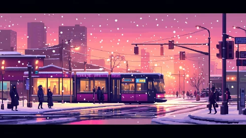 Snowy Pixel Art City Tram Ride