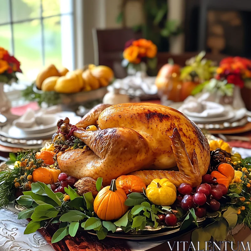 Golden Turkey with Pumpkins and Grapes