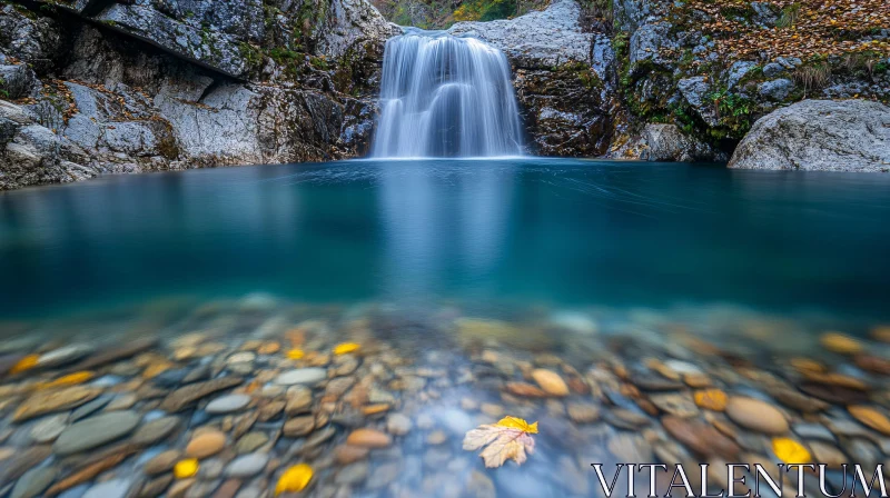 Peaceful Waterfall Scene with Clear Water and Colorful Pebbles