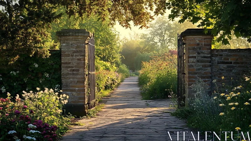Sunlit Garden Path with Stone Gate AI Image