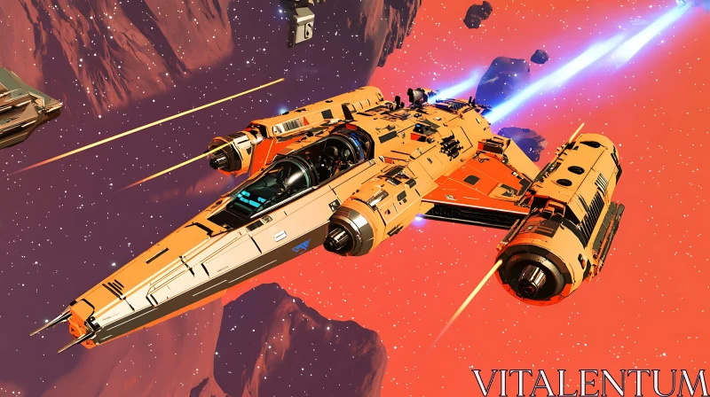 Sci-fi Spaceship Among Asteroids