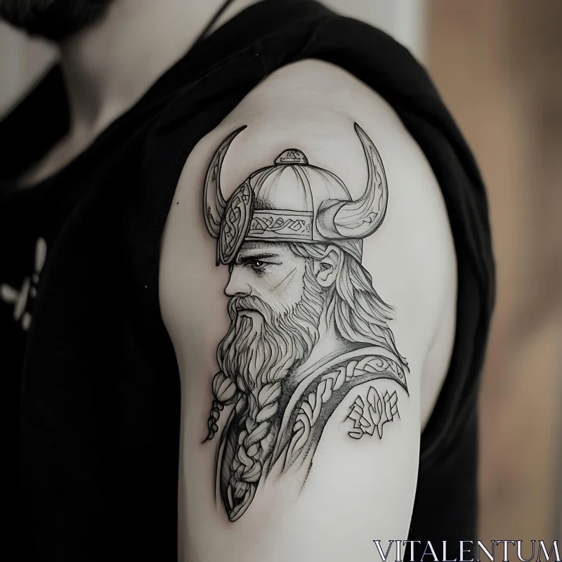 Intricate Viking Tattoo with Braided Beard and Helmet