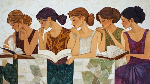 Five Women Reading Books Together Artwork