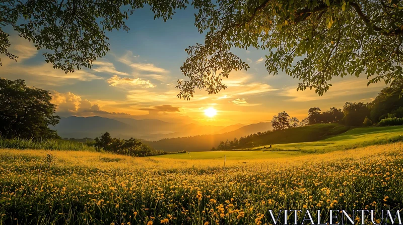 Picturesque Sunset Landscape with Flowers