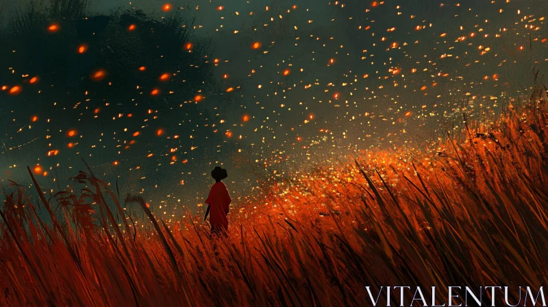 Person in Field with Fireflies