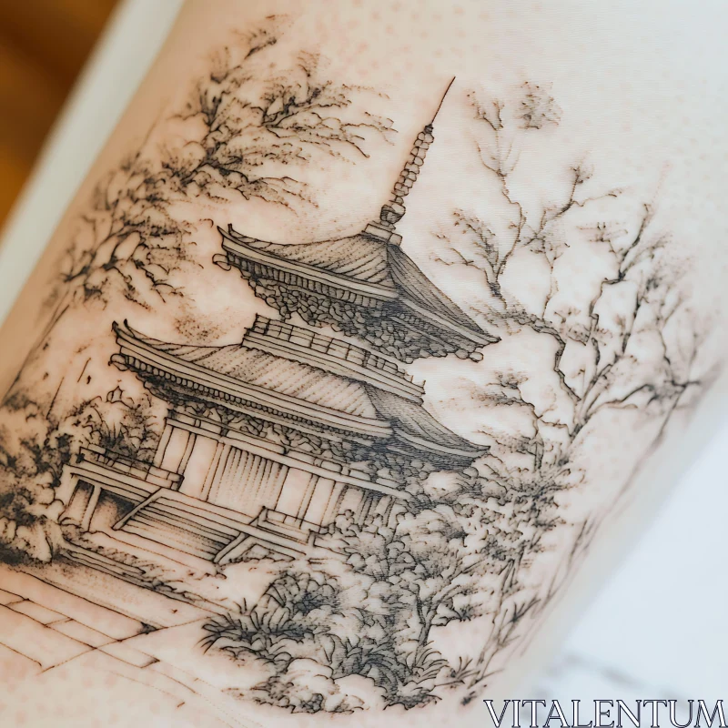 Detailed Ink Tattoo of Japanese Temple