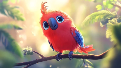 Cartoon Parrot Portrait on Tree Branch