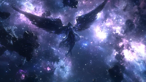 Winged Figure in Cosmic Starry Sky