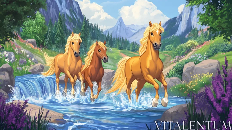 Cartoon Horses in River Landscape