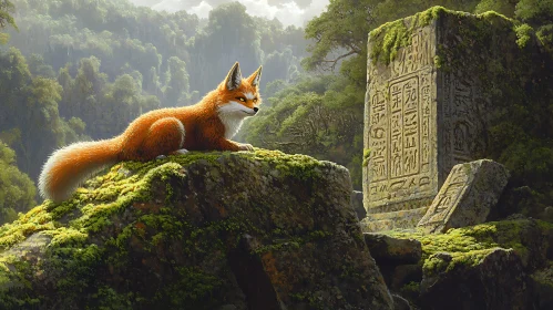 Fox Resting Near Inscribed Stone
