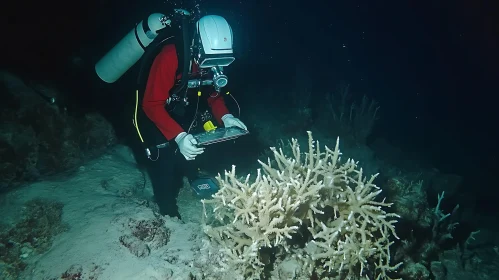 Underwater Coral Examination by Diver