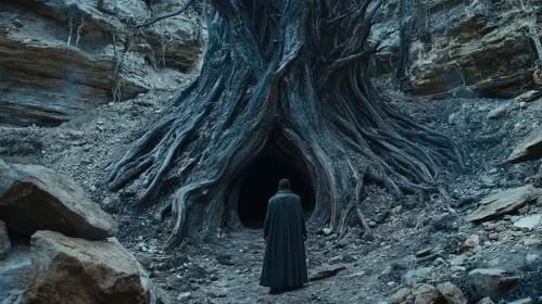 Monochrome Tree Portal with Cloaked Figure