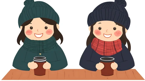 Two Friends Enjoying Coffee in Winter