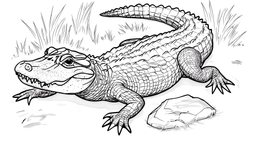Resting Alligator Detailed Line Art