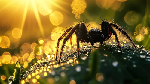 Sunlit Spider on Dewy Leaf