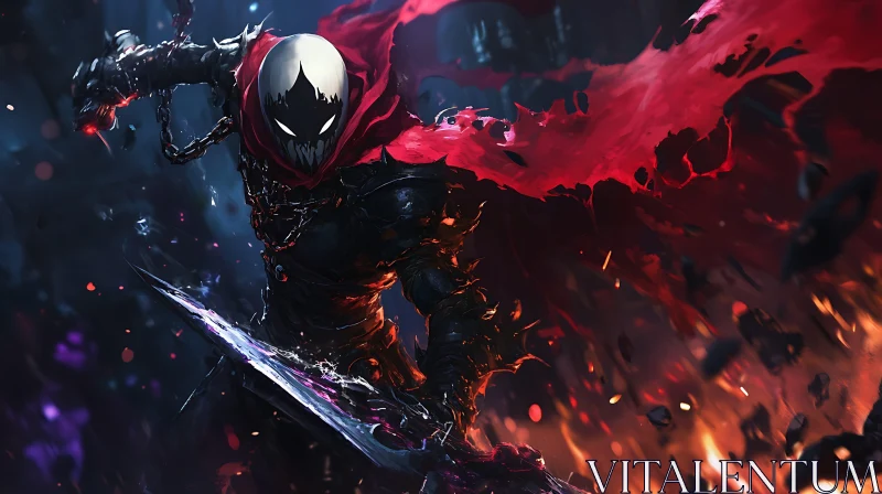 Armored Figure in Fiery Landscape