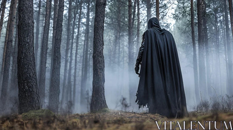 Mysterious Figure in Misty Woods