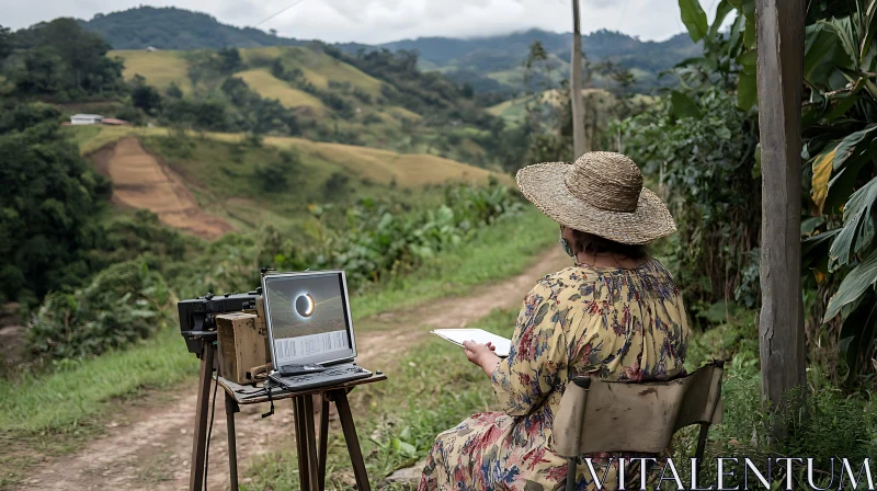 Woman Sketching Solar Eclipse in Nature