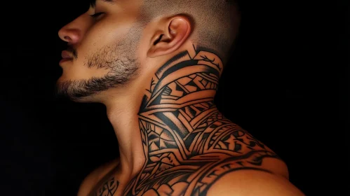 Intricate Tribal Tattoo on Neck and Shoulder