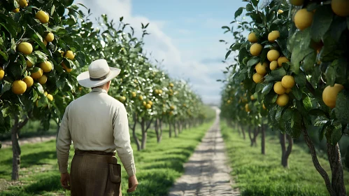 Man Walking Through Lemon Tree Orchard