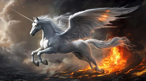 Ethereal Unicorn Pegasus in Fiery Landscape