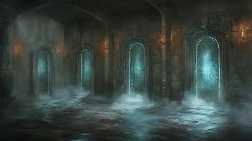 Glowing Arches in Ancient Hallway