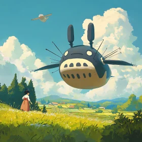 Floating Character Above Green Fields