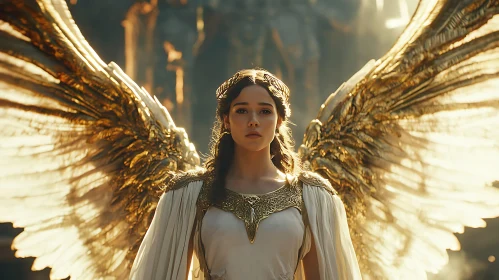 Golden Wings Angel Woman Illustration