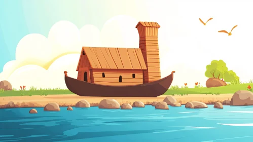 Cartoon Boat House by the Sea