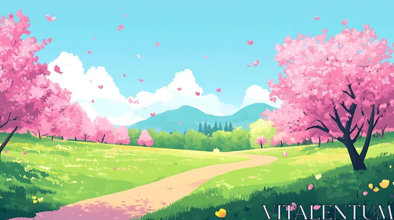 Pink Blossom Trees in a Green Meadow