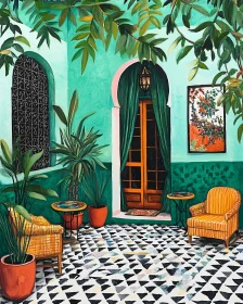 Tranquil Courtyard Scene with Geometric Tiles