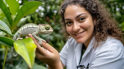 Chameleon on hand of a woman