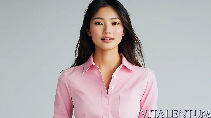 Asian Woman in Pink Shirt Close-Up AI Image