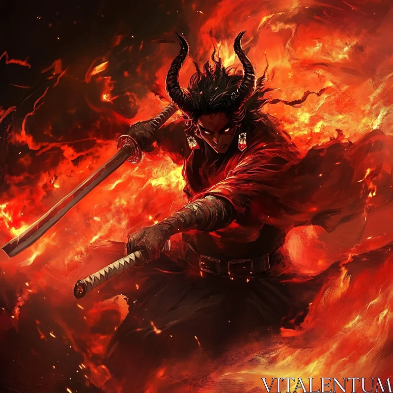 Fiery Demon Warrior with Swords AI Image